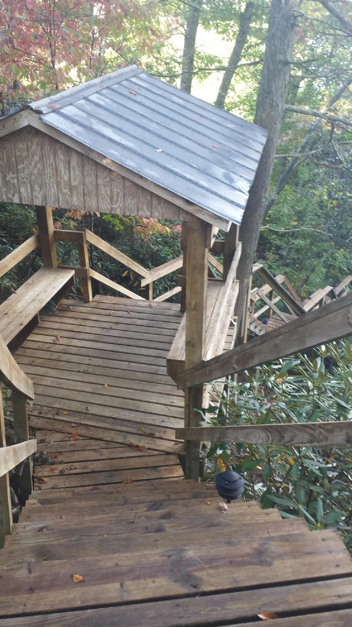 Metal roofed shelter over wooden steps on a wooded walkway — Skylight Repair & Installation work by our crew in Colerain